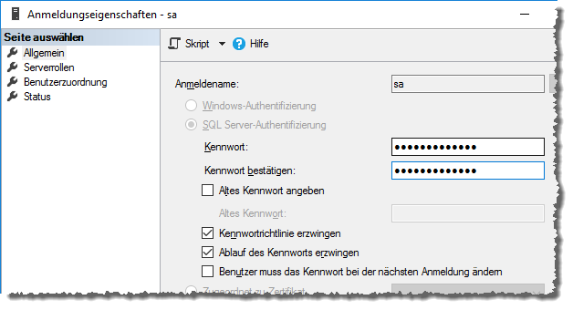 Eigenschaften der Anmeldung sa